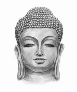 Hand drawn monochrome Isolated Buddha head, which is in deep meditation executed in watercolor