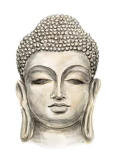 Papier Peint photo Bouddha Tête de Bouddha isolée dessinée à la main, qui est en méditation profonde exécutée à l& 39 aquarelleHead Smiling Buddha