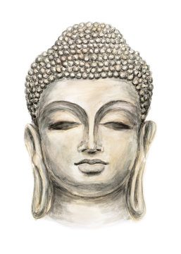 Hand drawn Isolated Buddha head, which is in deep meditation executed in watercolorHead Smiling Buddha