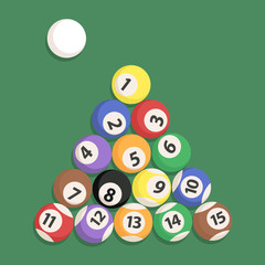 Billiard Ball Set Triangle. Vector illustration of billiards ball set isolated on green table background.