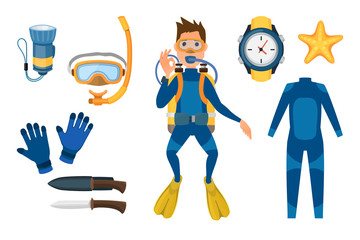Spearfishing diving equipment vector set.