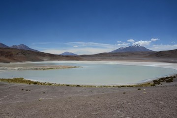 Beautiful landscape view of lake and mountains in the Altiplano region of Bolivia