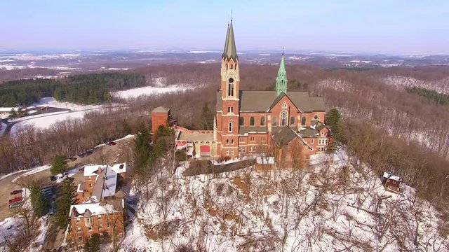 Aerial view of the spires of beautiful Holy Hill Church
