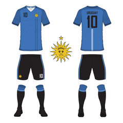 Naklejka premium Set of soccer jersey or football kit template for Uruguay national football team. Front and back view soccer uniform. Sport shirt mock up. Vector Illustration