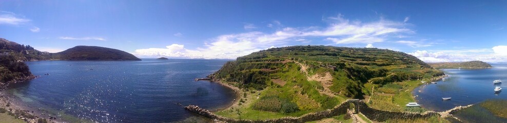 Fototapeta na wymiar Stunning Panoramic view looking out over Lake Titicaca from Isla del Sol in Bolivia