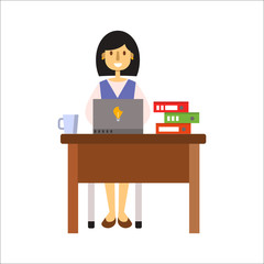 Business people woman character sitting at office table vector illustration.