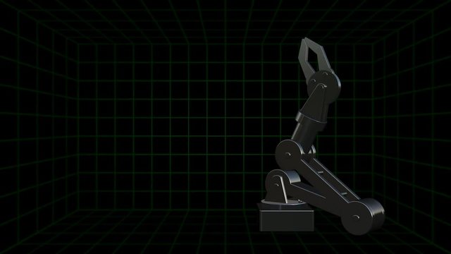.A 3D high technology robot arm moving in various positions poised against a grid background..