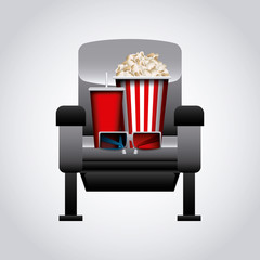 cinema chair, 3d glasses, pop corn bucket and drink icon over white background. colorful design. vector illustration