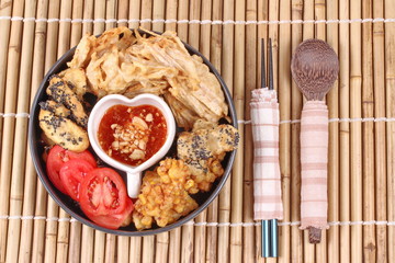 Deep fried dessert of corn ,taro ,nian gao and banana .