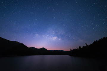 Peaceful starry night sky on the river landscape background