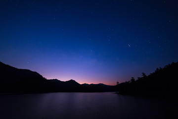 Peaceful landscape of river and blue sky background