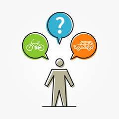A person chooses between car and bicycle vector illustration. Creative concept  of selection car or bicycle (bike) for transportation with question mark.
