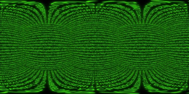 360VR Video. Matrix cube. 360 degree virtual reality video. Green, alphanumeric variant, loop able