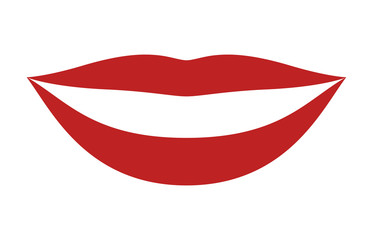 Red smiling lips with white teeth or smile flat vector icon for apps and websites