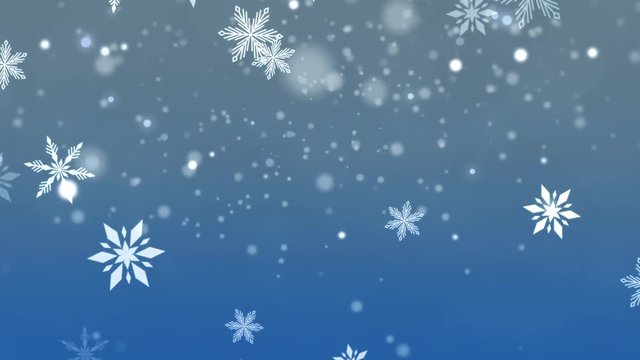 Christmas background of winter snowflakes falling slowly down a blue, festive gradient