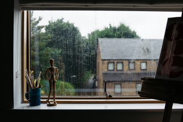 Rainy window on gloomy day