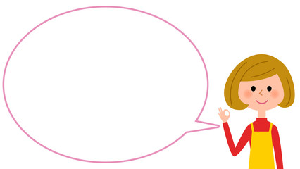 OKサインを出すエプロンの女性　吹き出し