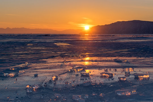 Sunset on the lake Baikal in winter
