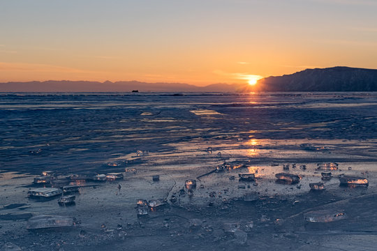 Sunset on the lake Baikal in winter