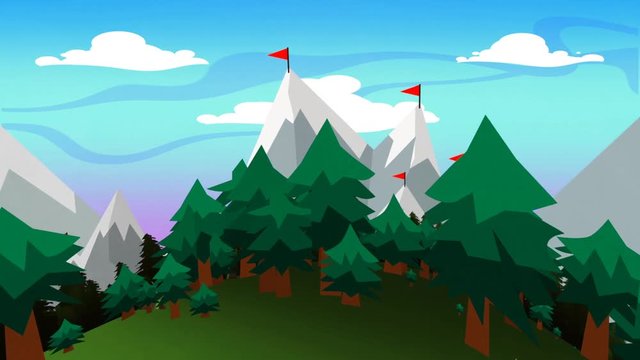 Animated mountain scenery highlighting snowy mountaintops and evergreen trees that are framed by grassy terrain.
