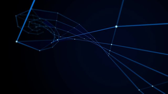 Blue abstract lines with white nodes form in a pattern with shaded insets against a dark gradient background..