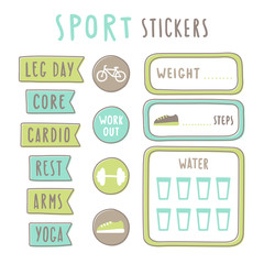 Set of fitness planning stickers. Printable. Vector hand drawn elements