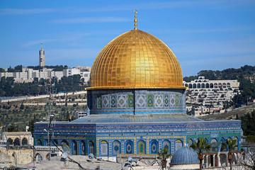 Fototapeta na wymiar Jerusalem, Dome of the Rock with Mount Scopus and Mount of Olives in the background