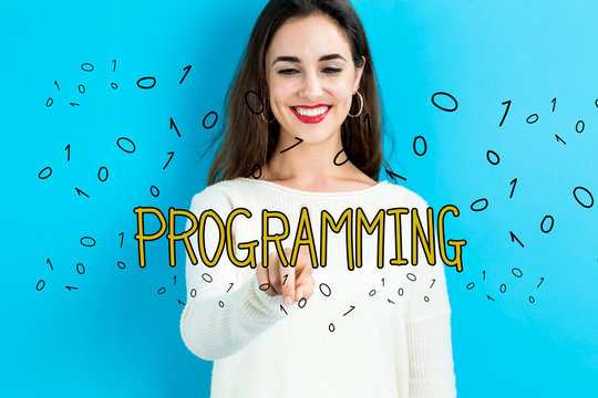 Programming text with young woman