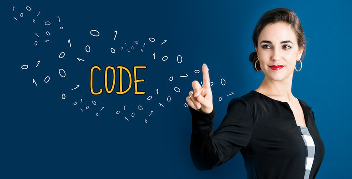 Code text with business woman