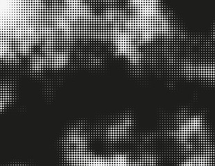 Black and white vector halftone background. Modern monochrome illustration. Chaotic abstract shapes. Grid of dots with different size. Graphic gradient made of round particles. Element of design.