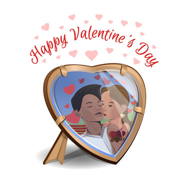 Happy Valentine's Day. The guy and the girl kiss. Photo loving couple in the frame. Heart shaped photo frame. Vector illustration