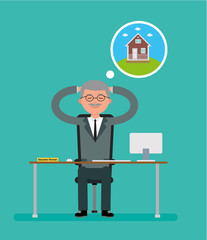 General Director sits at a Desk and dreams about the house. Cartoon vector flat-style illustration.