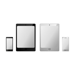 black and white tablet and smartphone vector mockup, phone template with white black screen over white, vector illustration