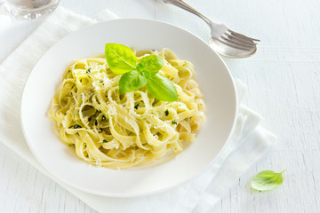 Tagliatelle pasta with pesto sauce