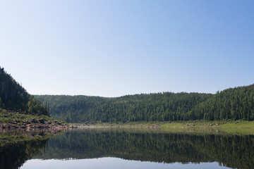 Big river of Eastern Siberia. Many water and many sky. Krasnoyarsk region.