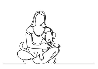 continuous line drawing of woman sitting with dog