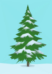 Winter Landscape, Christmas Holiday Green Fir Tree, Snow and Blue Sky, Low Poly. Vector