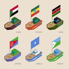 Set of isometric 3d ships with flags of African countries. Cartoon vessels with standards - Sudan, Ethiopia, Kenya, Eritrea, Somalia, Djibouti. Sea transport icons for infographics.