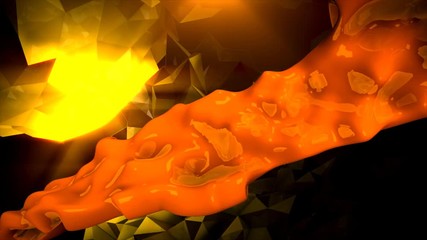 An orange stream of three-dimensional liquid flows against yellow, animated shapes depicting a molecular biology theme.