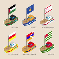 Set of isometric 3d ships with flags of partially recognised states. Vessels with standards - Palestine, Kosovo, Northern Cyprus, Abkhazia, South Ossetia, Nagorno-Karabakh. Sea transport icons.
