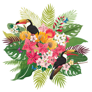  Vector illustration of tropical flowers in summer with birds and butterflies for wedding invitations and birthday cards and background. 				