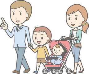 Illustration of a walking 4-person family
