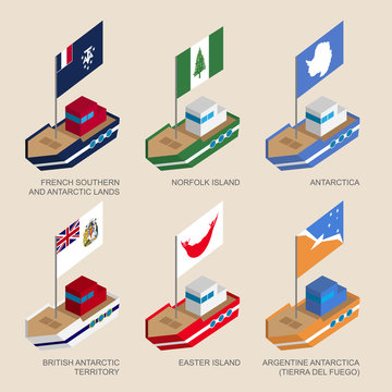 Set of isometric 3d ships with flags  of countries and territories. Vessels with standards - Easter Island, Norfolk Island, French Antarctic, British Antarctic, Tierra del Fuego. Sea transport icons.