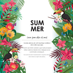  Vector illustration of tropical flowers in summer with birds and butterflies for wedding invitations and birthday cards and background. 				