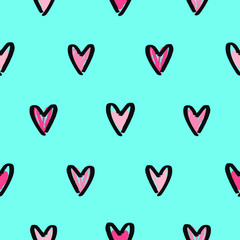 Bright hand drawn hearts background. Vector seamless pattern