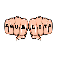 Equality tattoo. Feminism poster with female fists. Vector illustration isolated on white