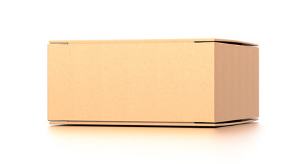 Brown corrugated cardboard box from front far side angle. Blank, horizontal, and rectangle shape.