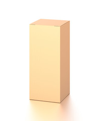 Brown corrugated cardboard box from top front far side angle. Blank, vertical, and rectangle shape.