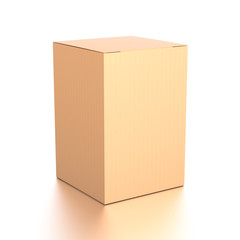 Brown corrugated cardboard box from top side angle. Blank, vertical, and rectangle shape.