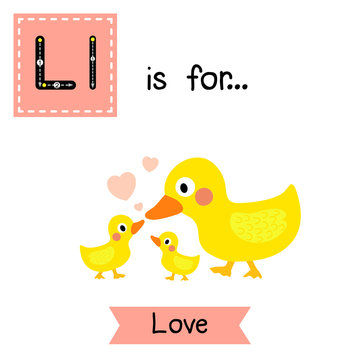 Cute children ABC alphabet L letter tracing flashcard of Love for kids learning English vocabulary in Valentines Day theme.